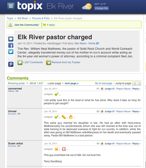 image of pastor charged comments on topix forum in 2011